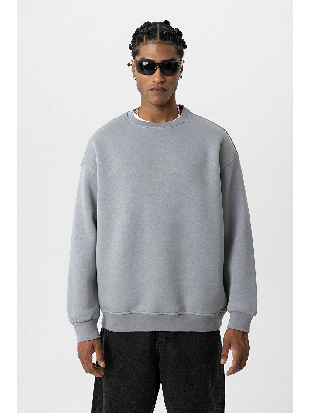 VAMOSCLO Kahverengi Basic Oversize Bisiklet Yaka Erkek Sweatshirt - 1