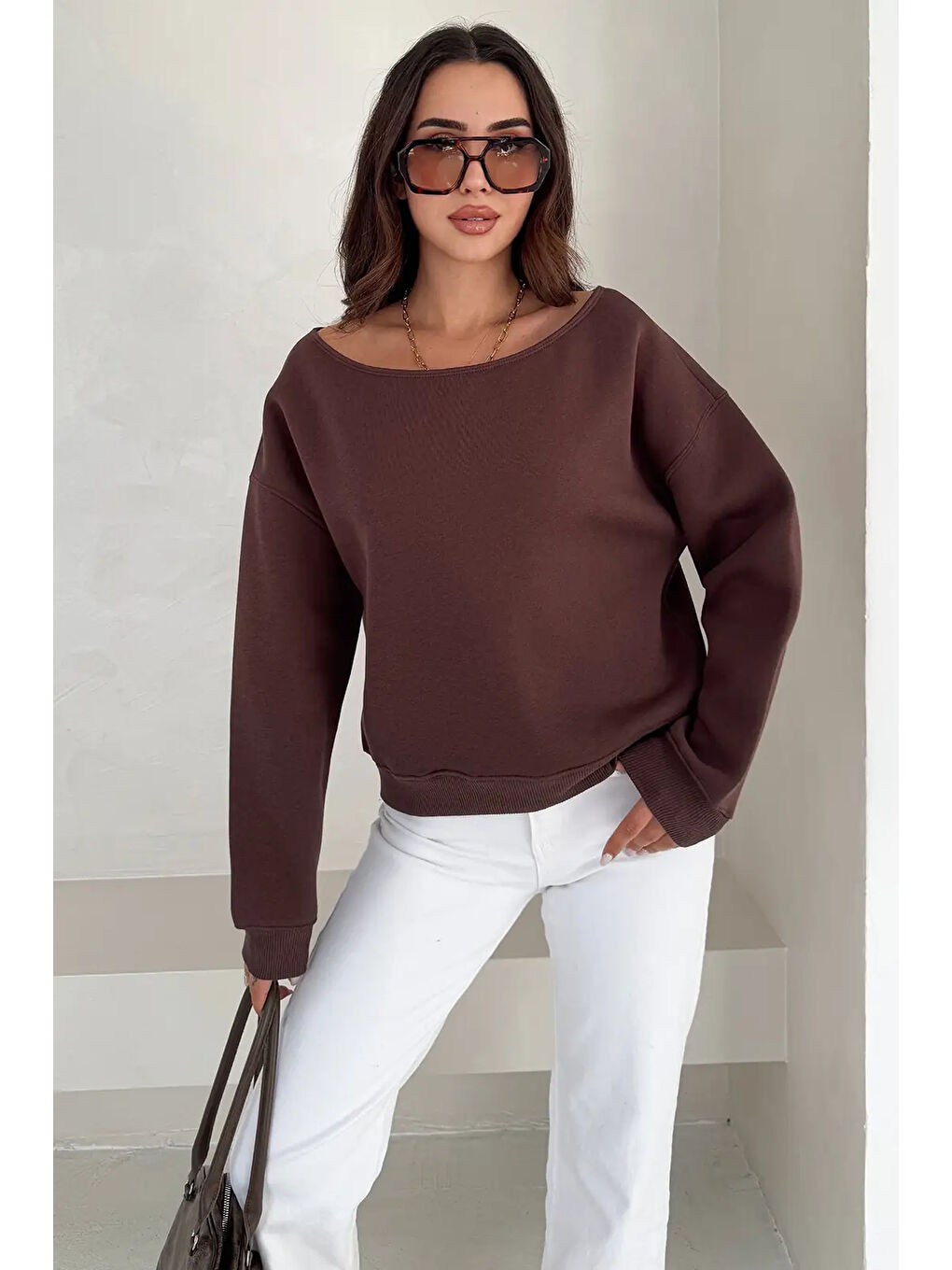 Kahverengi Kayık Yaka Polar Sweatshirt Kahve-3