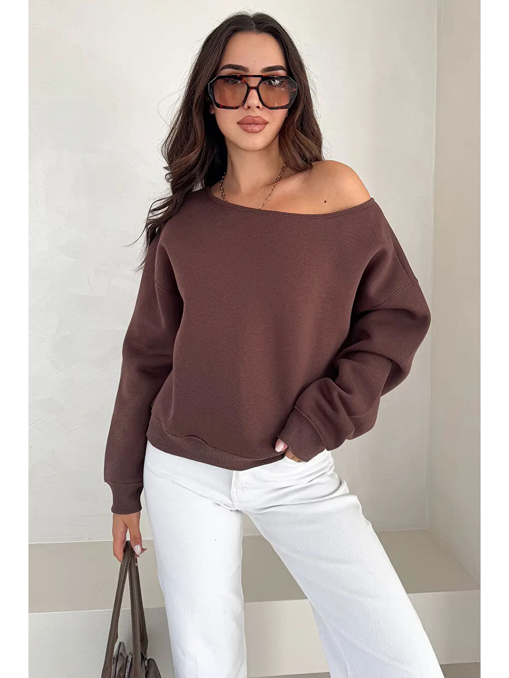 Kahverengi Kayık Yaka Polar Sweatshirt Kahve-4
