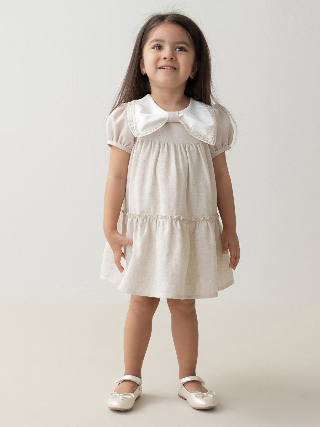 Kahverengi Bisiklet Yaka Kısa Kollu Kız Bebek Elbise