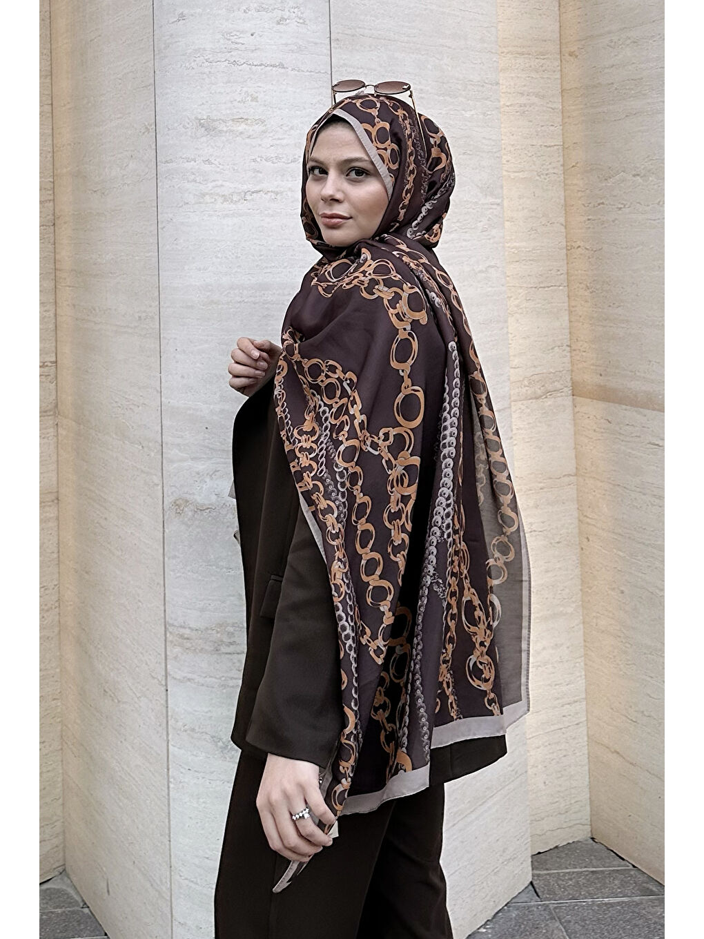 Kahverengi Pamuk Twill Şal Loop Line Acı Kahve-6