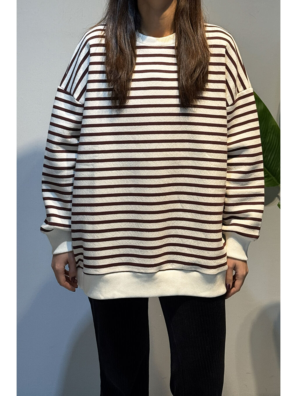 Bisiklet Yaka Çizgili Basic Uzun Kol Sweatshirt 3030 Bordo-1