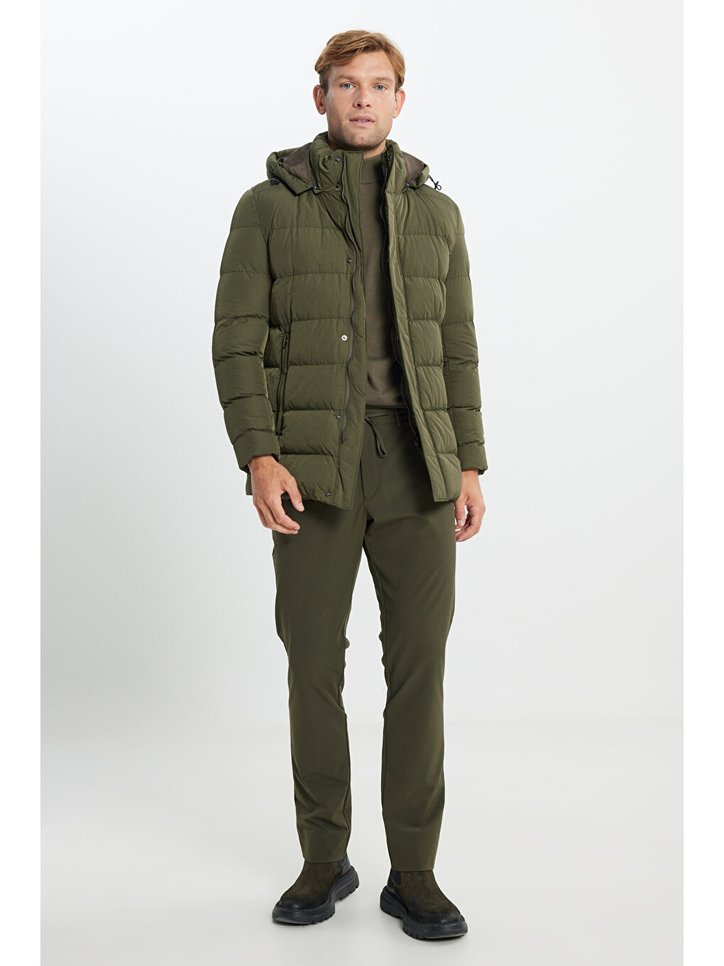 Erkek Haki Standart Fit Normal Kesim Çıkma Kapüşon Yaka Yan Cepli Mont-1