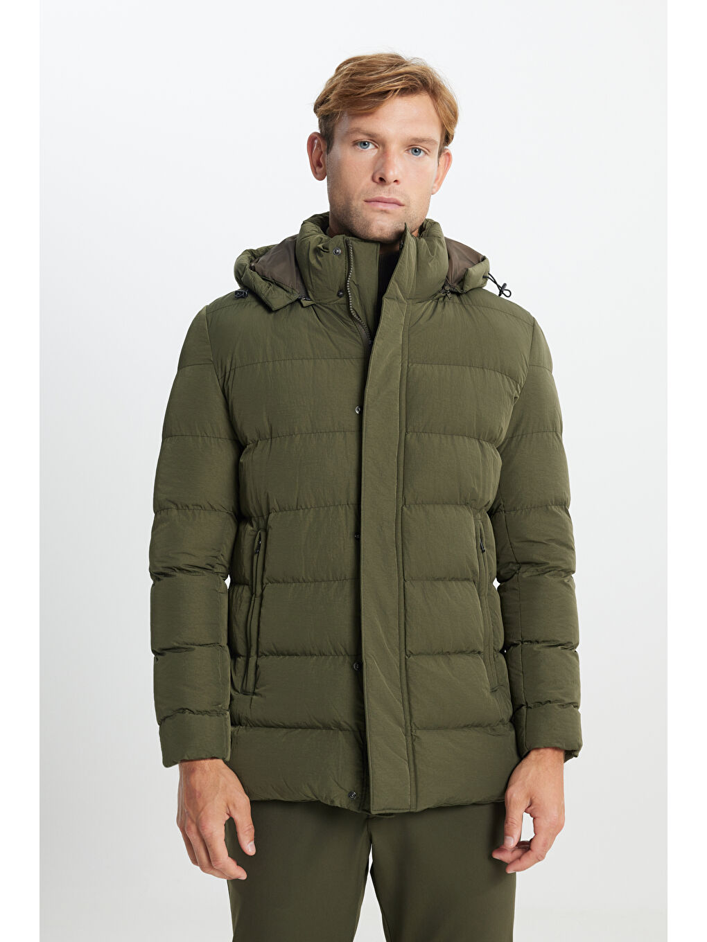 Erkek Haki Standart Fit Normal Kesim Çıkma Kapüşon Yaka Yan Cepli Mont-2