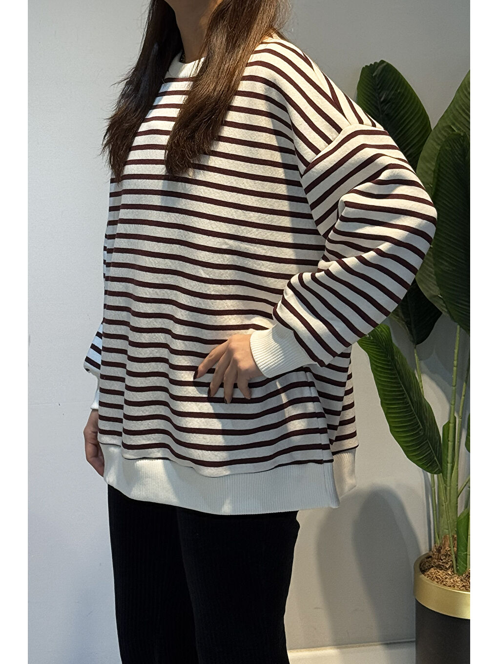 Bisiklet Yaka Çizgili Basic Uzun Kol Sweatshirt 3030 Bordo-2