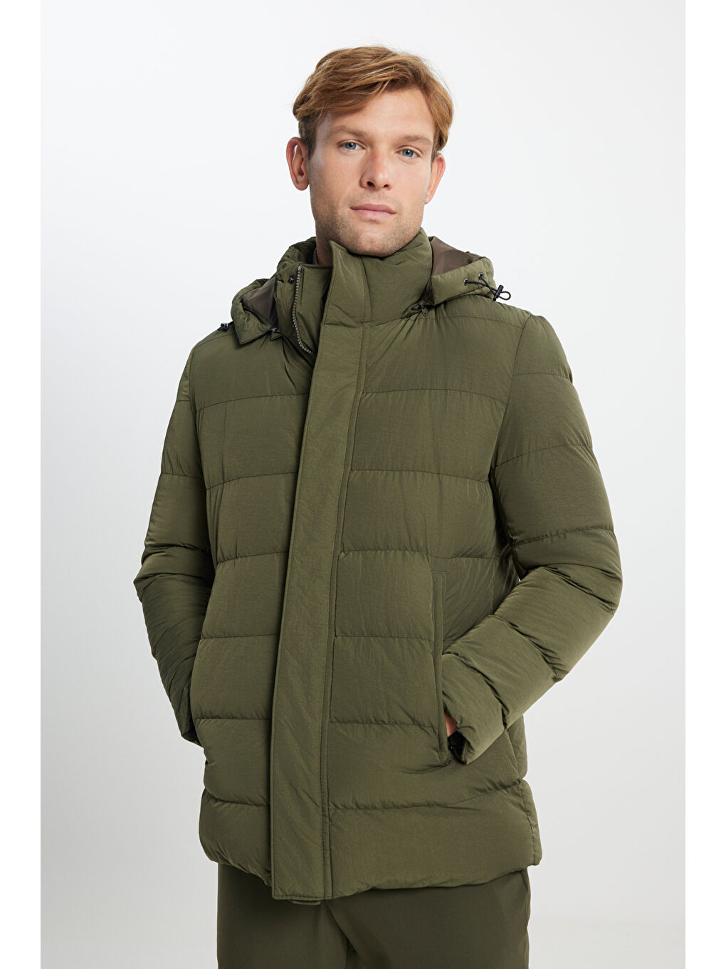 Erkek Haki Standart Fit Normal Kesim Çıkma Kapüşon Yaka Yan Cepli Mont-3