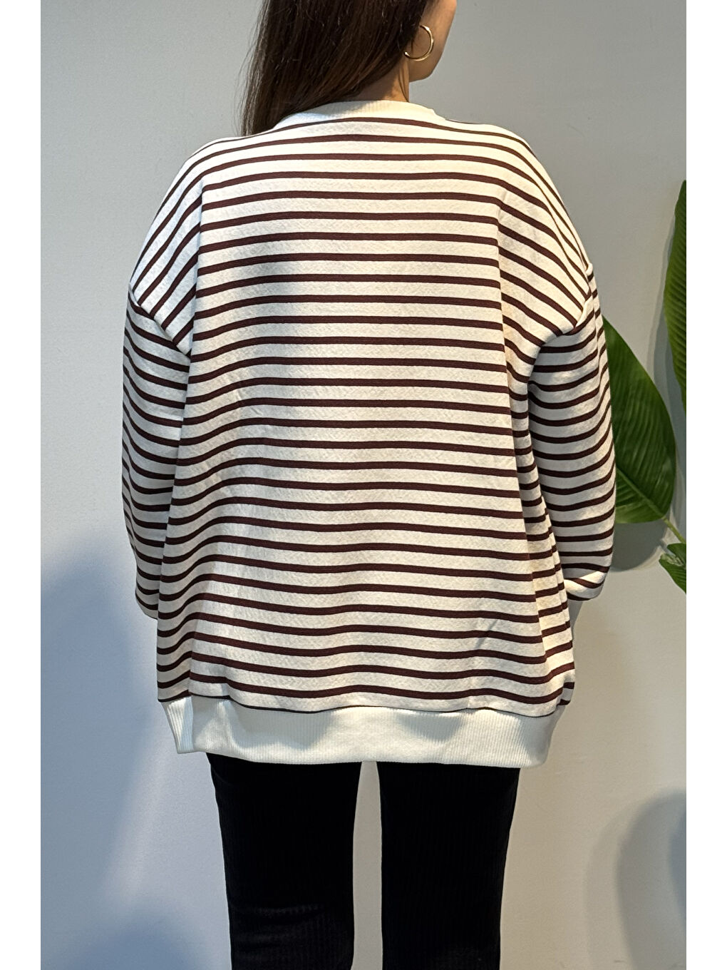 Bisiklet Yaka Çizgili Basic Uzun Kol Sweatshirt 3030 Bordo-3