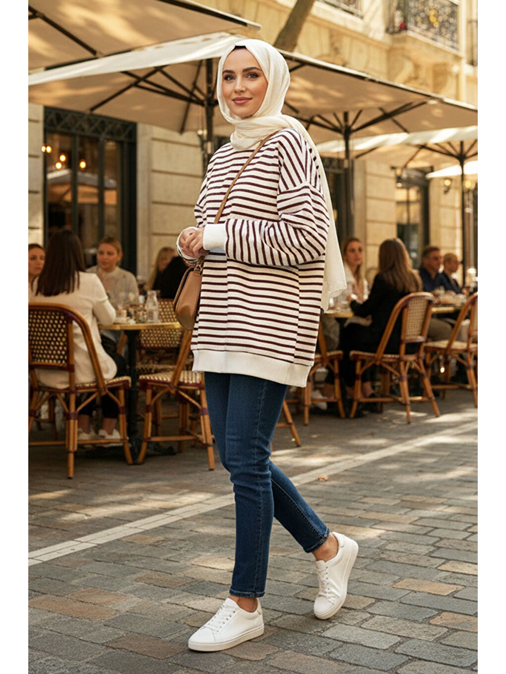 Bisiklet Yaka Çizgili Basic Uzun Kol Sweatshirt 3030 Bordo-4