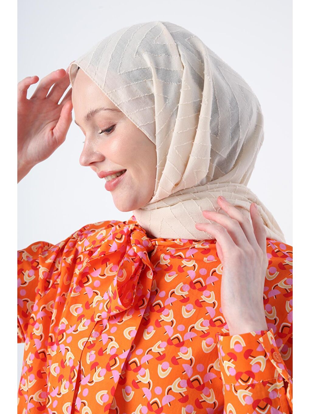 Bej Zigzag Pamuk Jakar Şal