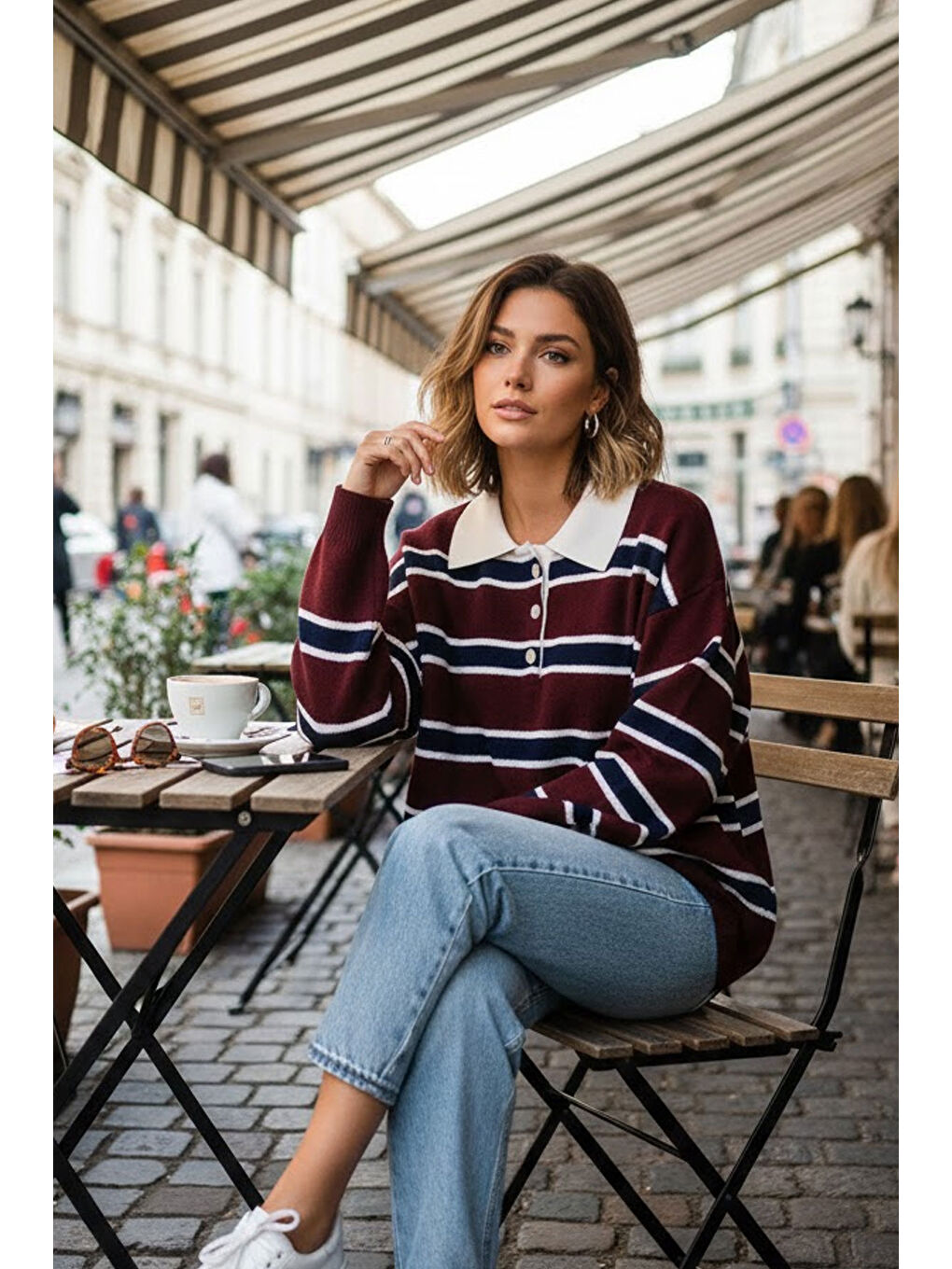 Bordo Premium/Özel İplik Polo Yaka Triko Kazak-1