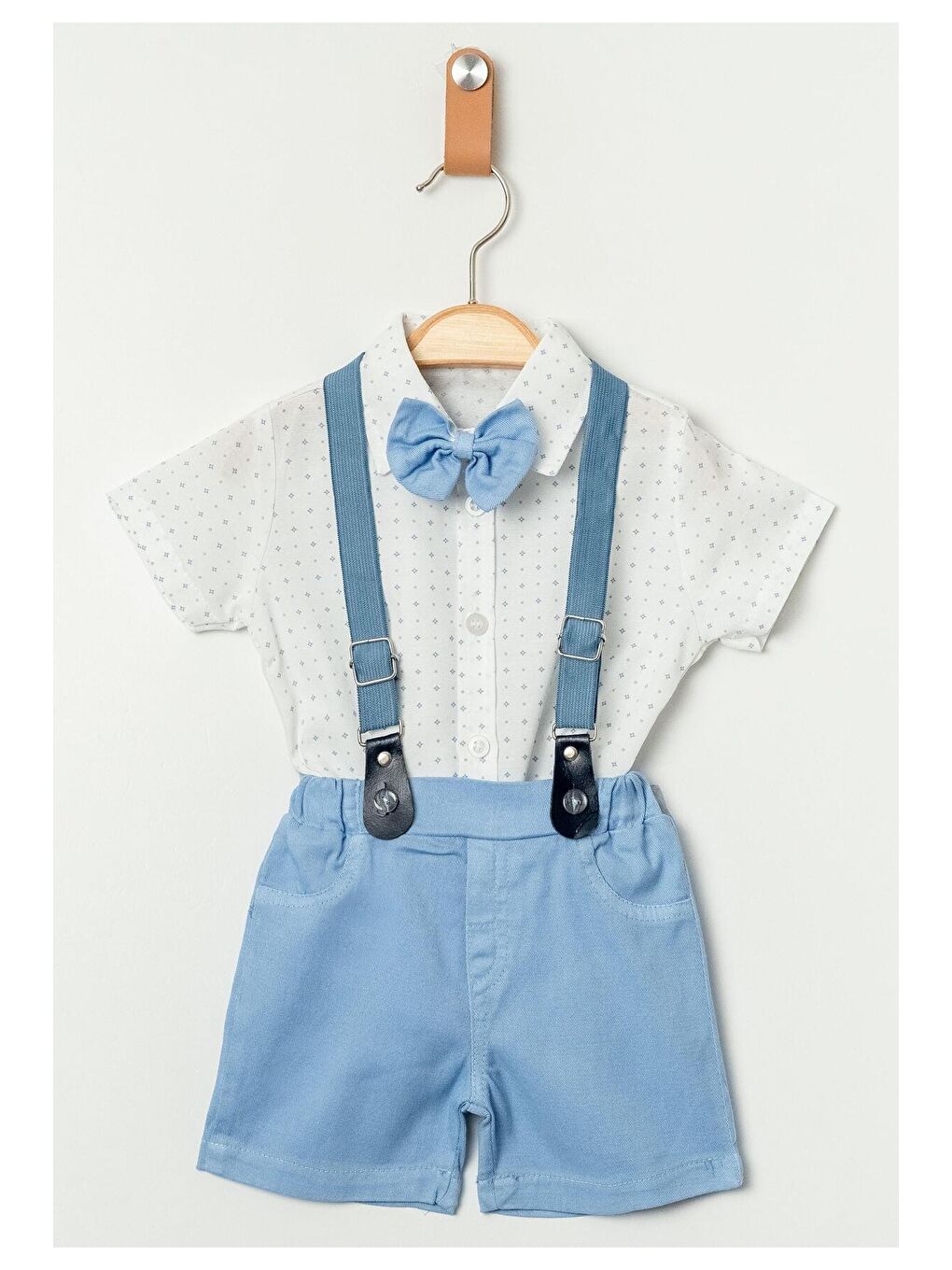 Mavi Tarz Desenli Gömlek Belden Ayarlanabilir Salopetli Kısa Kollu Şortlu 2'li Takım
