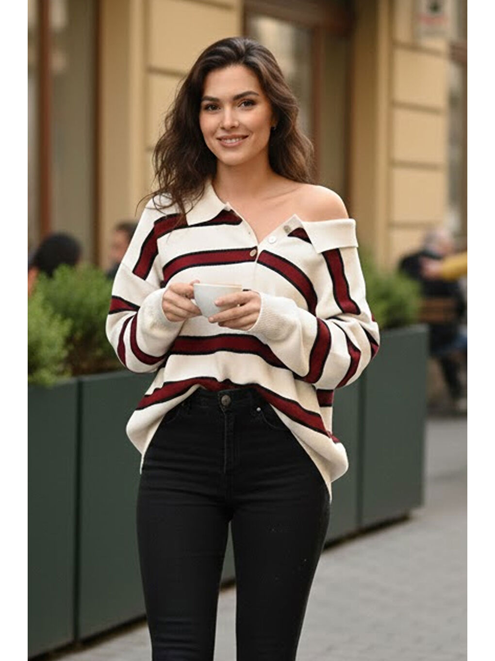 Beyaz Premium/Özel İplik Polo Yaka Triko Kazak