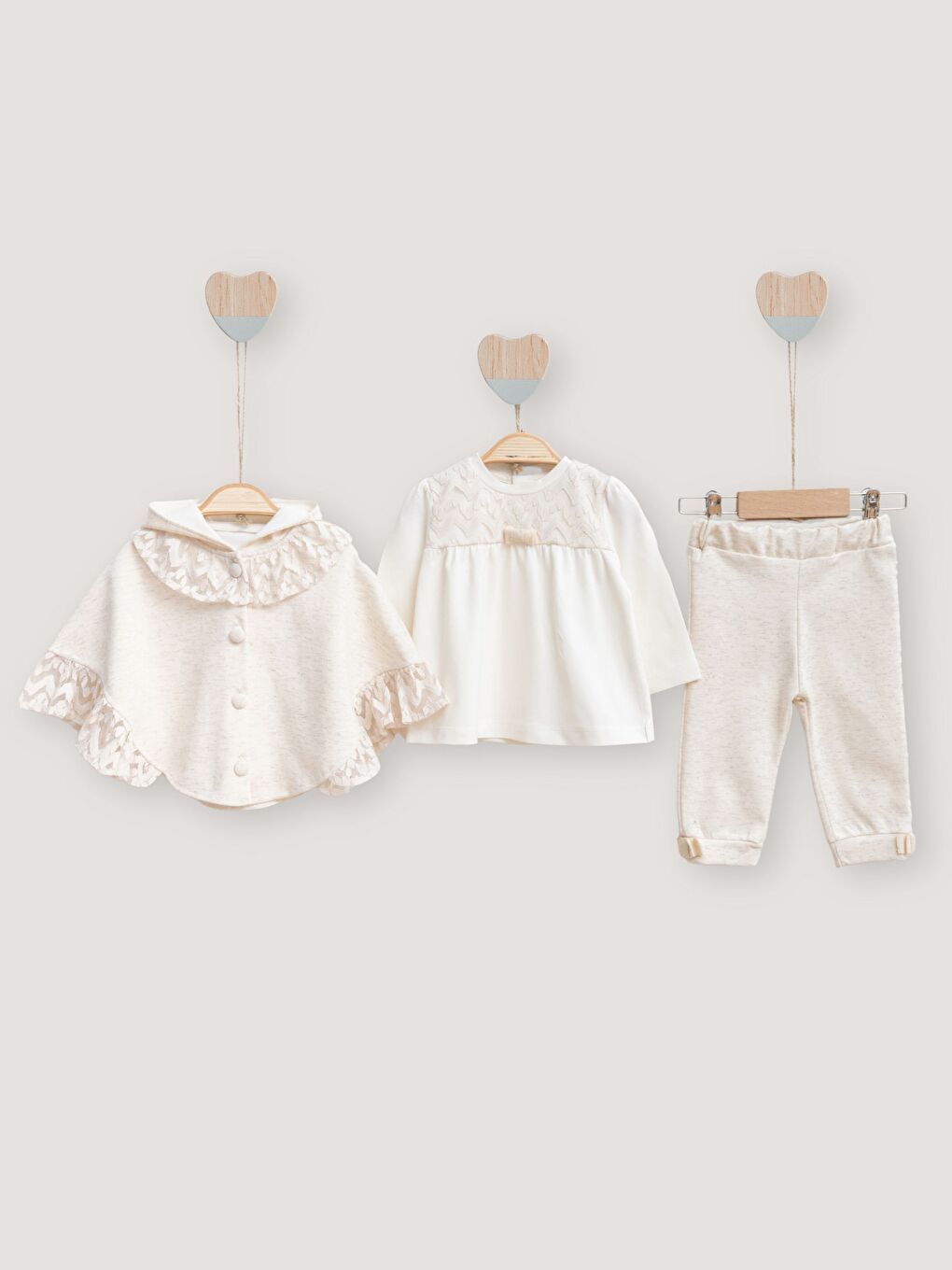 Bej Bisiklet Yaka Uzun Kollu Kız Bebek Bluz, Bolero ve Pantolon 3'lü Takım-1
