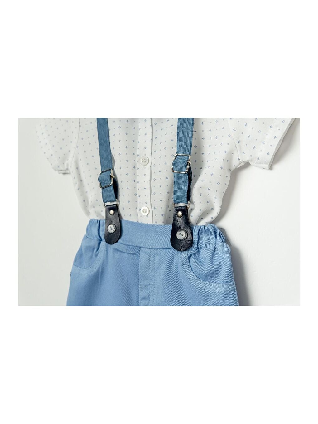 Mavi Tarz Desenli Gömlek Belden Ayarlanabilir Salopetli Kısa Kollu Şortlu 2'li Takım-1