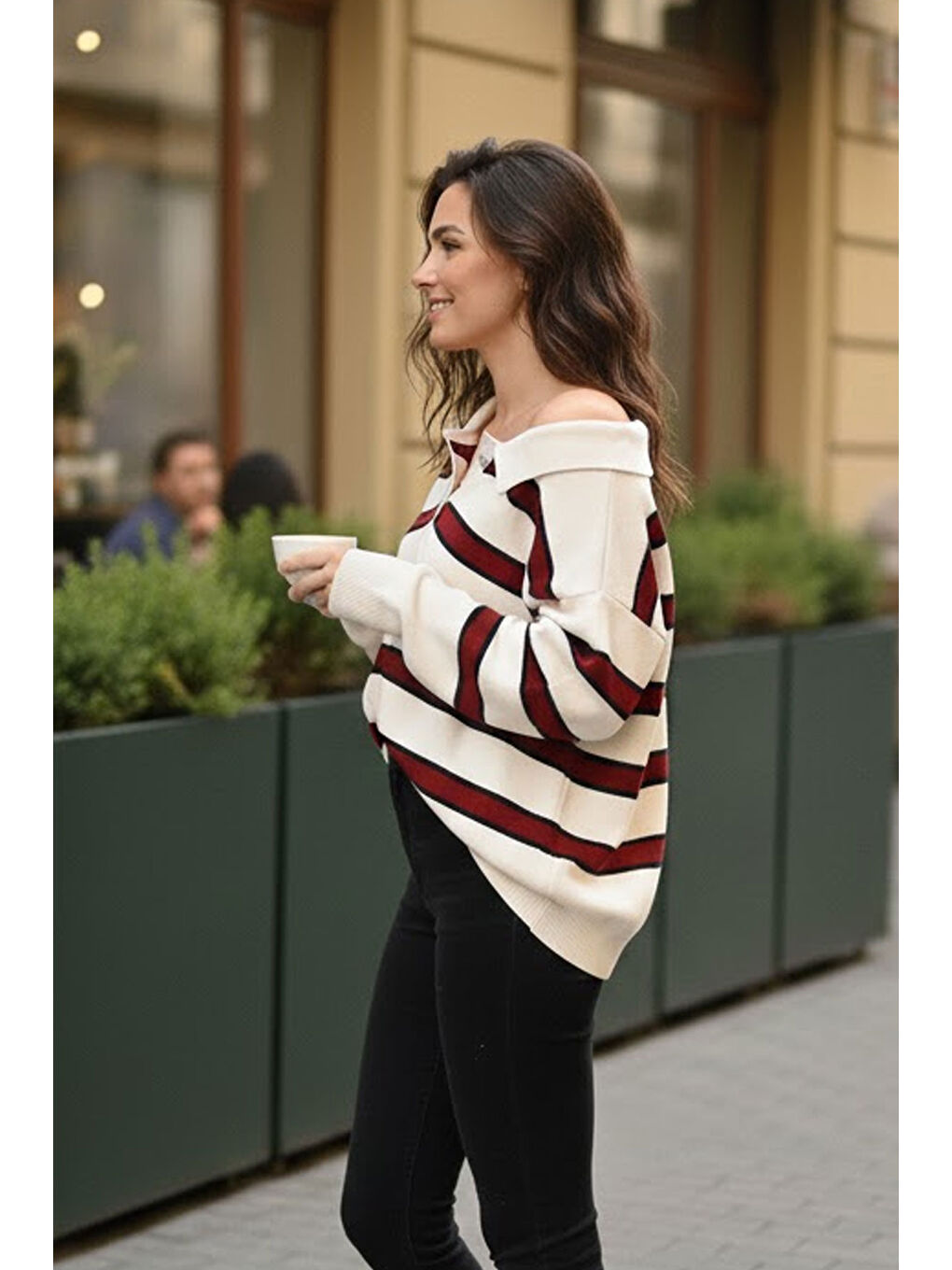 Beyaz Premium/Özel İplik Polo Yaka Triko Kazak-2