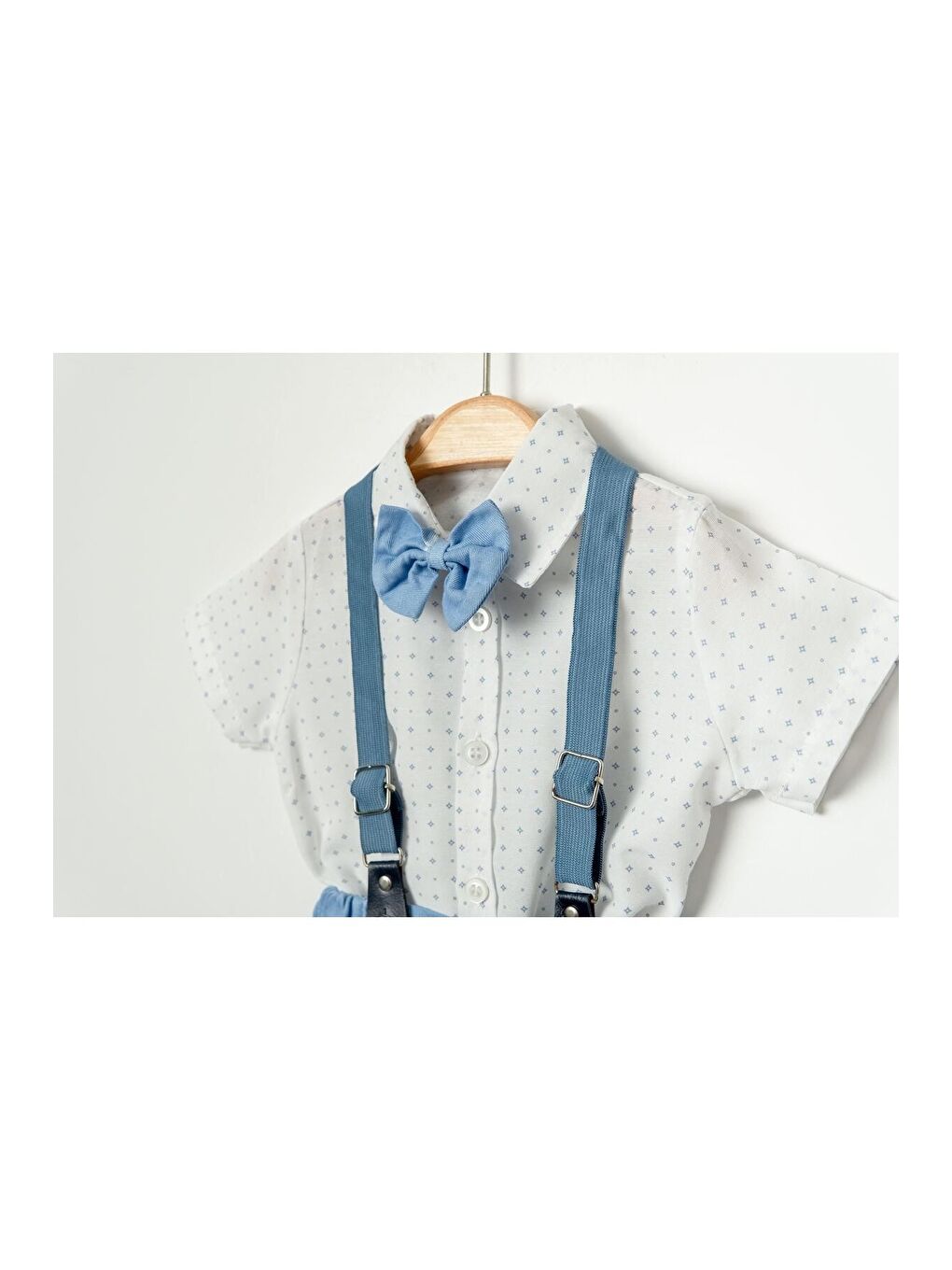 Mavi Tarz Desenli Gömlek Belden Ayarlanabilir Salopetli Kısa Kollu Şortlu 2'li Takım-2