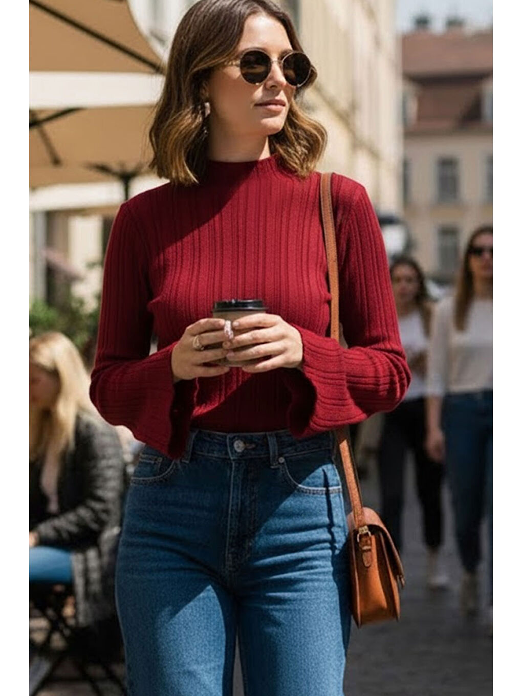 Kadın Kırmızı İspanyol Kol Yarım Balıkçı Detaylı Triko Kazak