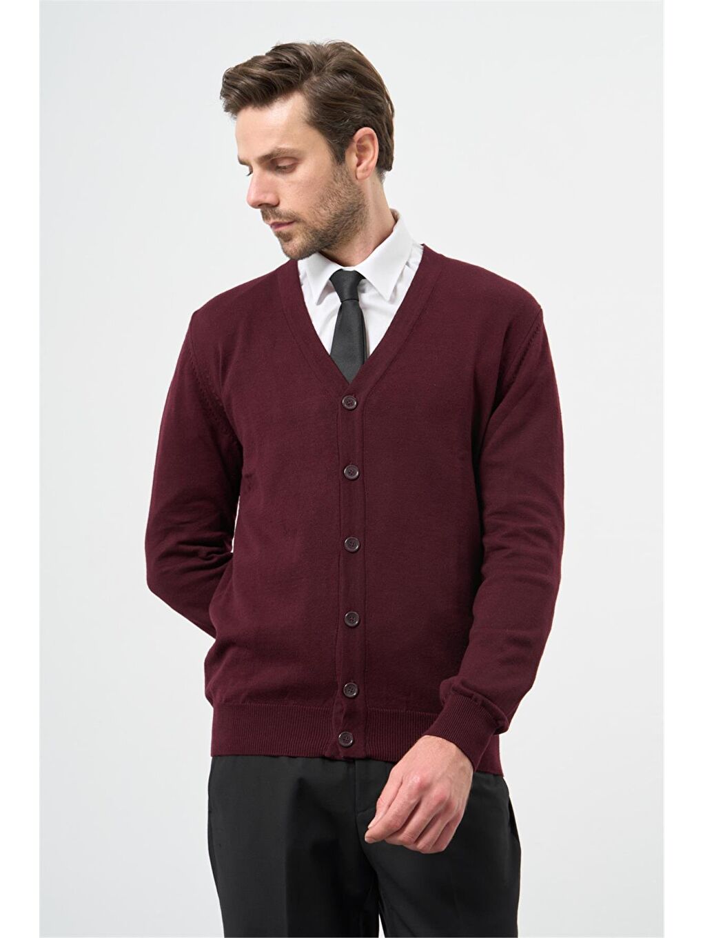 Bordo Uzun Kol Düz Örme V Yaka Classic Comfort Fit Triko 1012245016