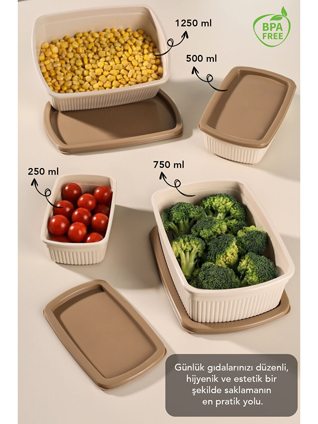 Bej 16'lı Çizgili Dikdörtgen Gıda Saklama Kabı Seti-1