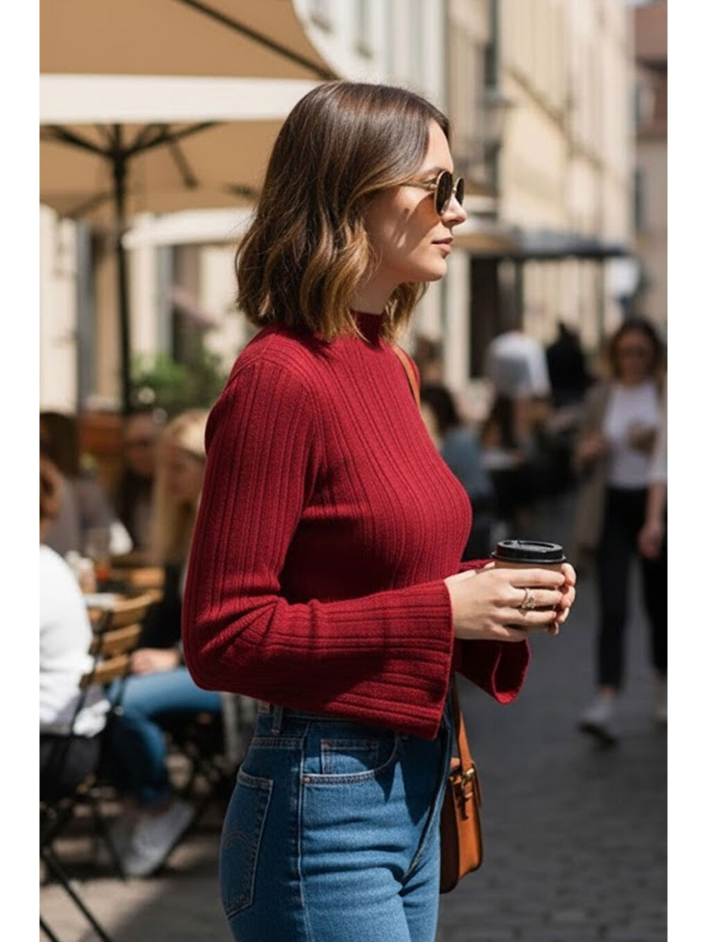 Kadın Kırmızı İspanyol Kol Yarım Balıkçı Detaylı Triko Kazak-1