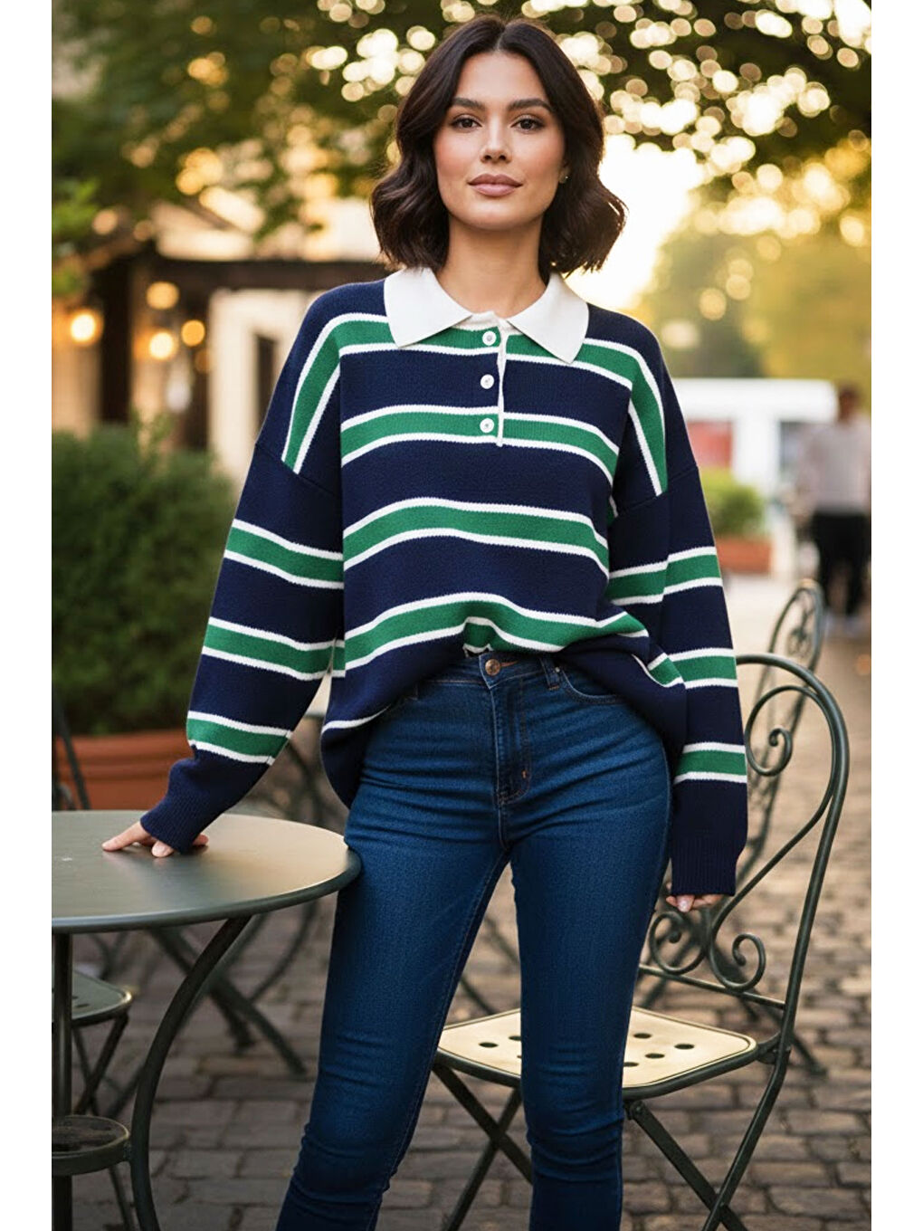 Yeşil Premium/Özel İplik Polo Yaka Triko Kazak