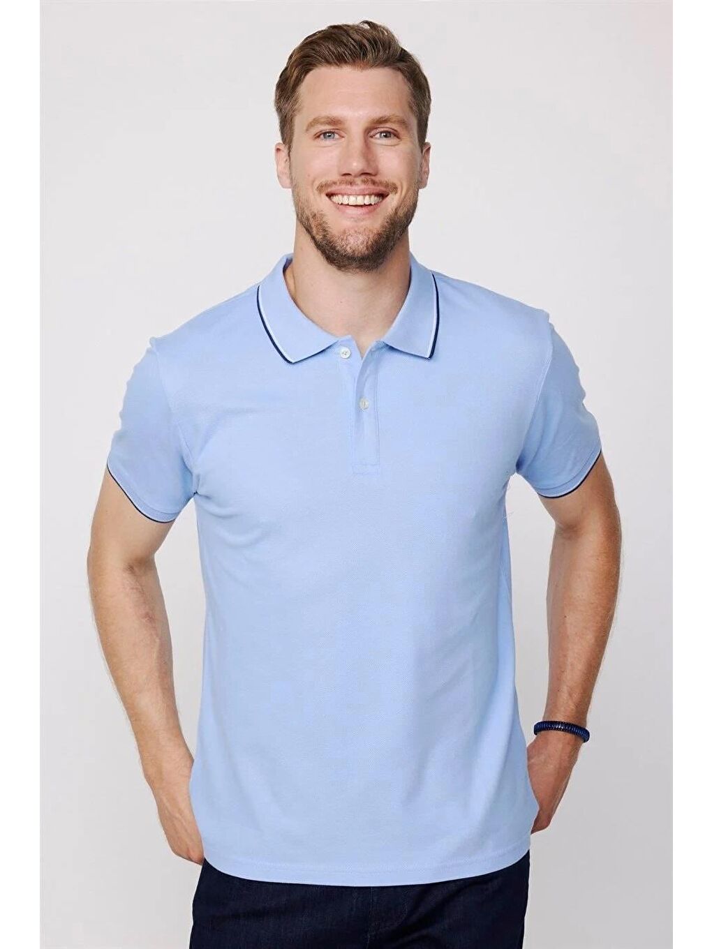 Karışık Erkek 3'Lü Paket Beyaz-Mavi-Lacivert Slim Fit Pamuklu Düz Pike Polo Yaka Tişört-2