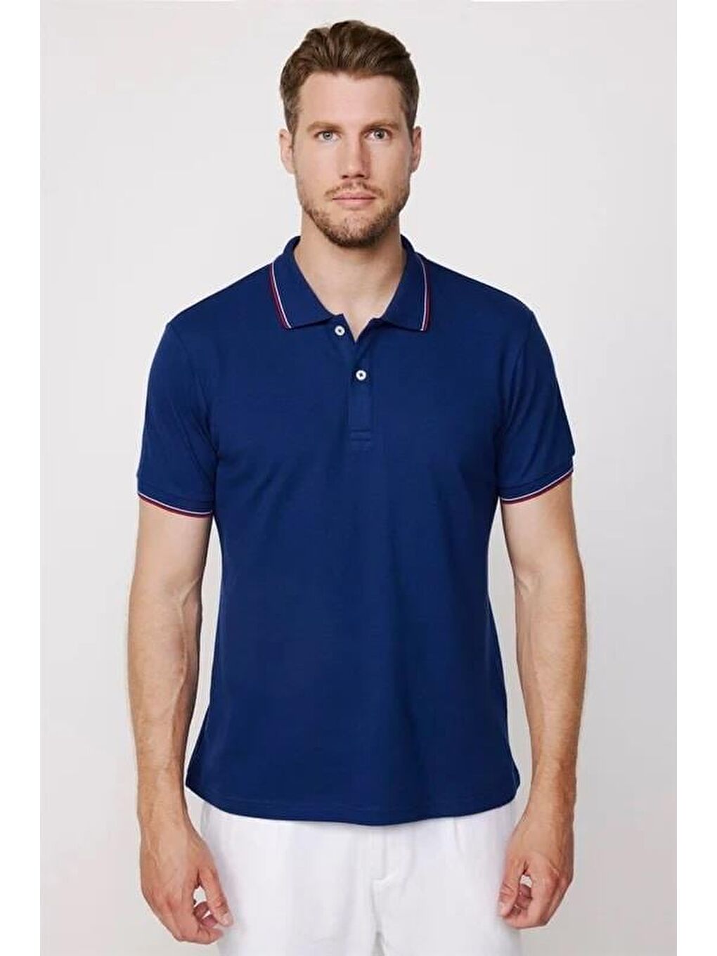 Karışık Erkek 3'Lü Paket Beyaz-Mavi-Lacivert Slim Fit Pamuklu Düz Pike Polo Yaka Tişört-3