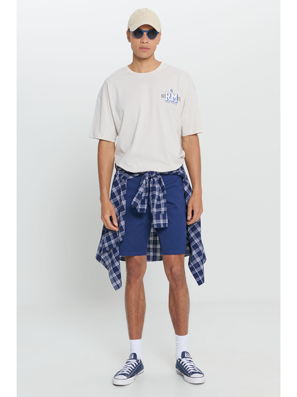 Erkek Açık Bej Real Madrid Lisanslı Oversize Fit Bol Kesim %100 Pamuk Bisiklet Yaka Tişört-1