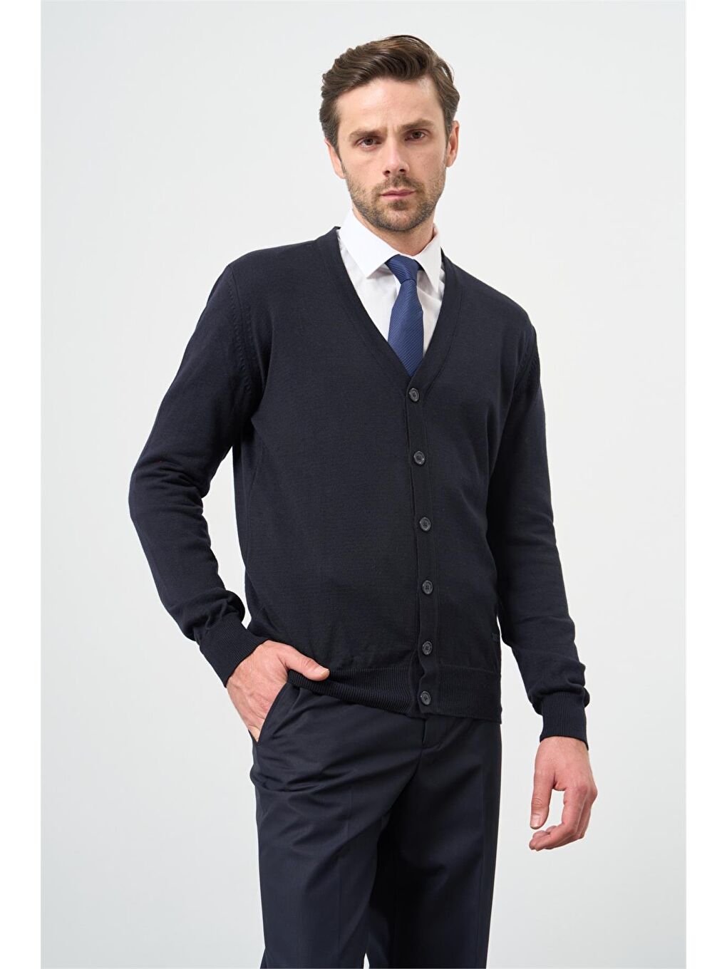 Koyu Lacivert Uzun Kol Düz Örme V Yaka Classic Comfort Fit Triko 1012245016