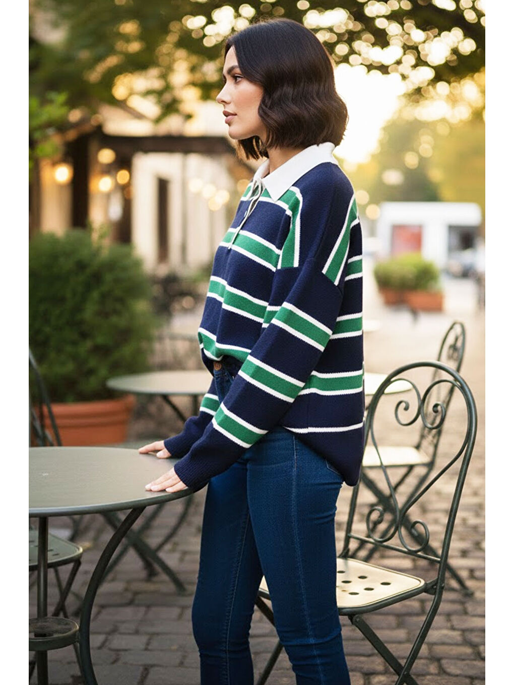 Yeşil Premium/Özel İplik Polo Yaka Triko Kazak-2