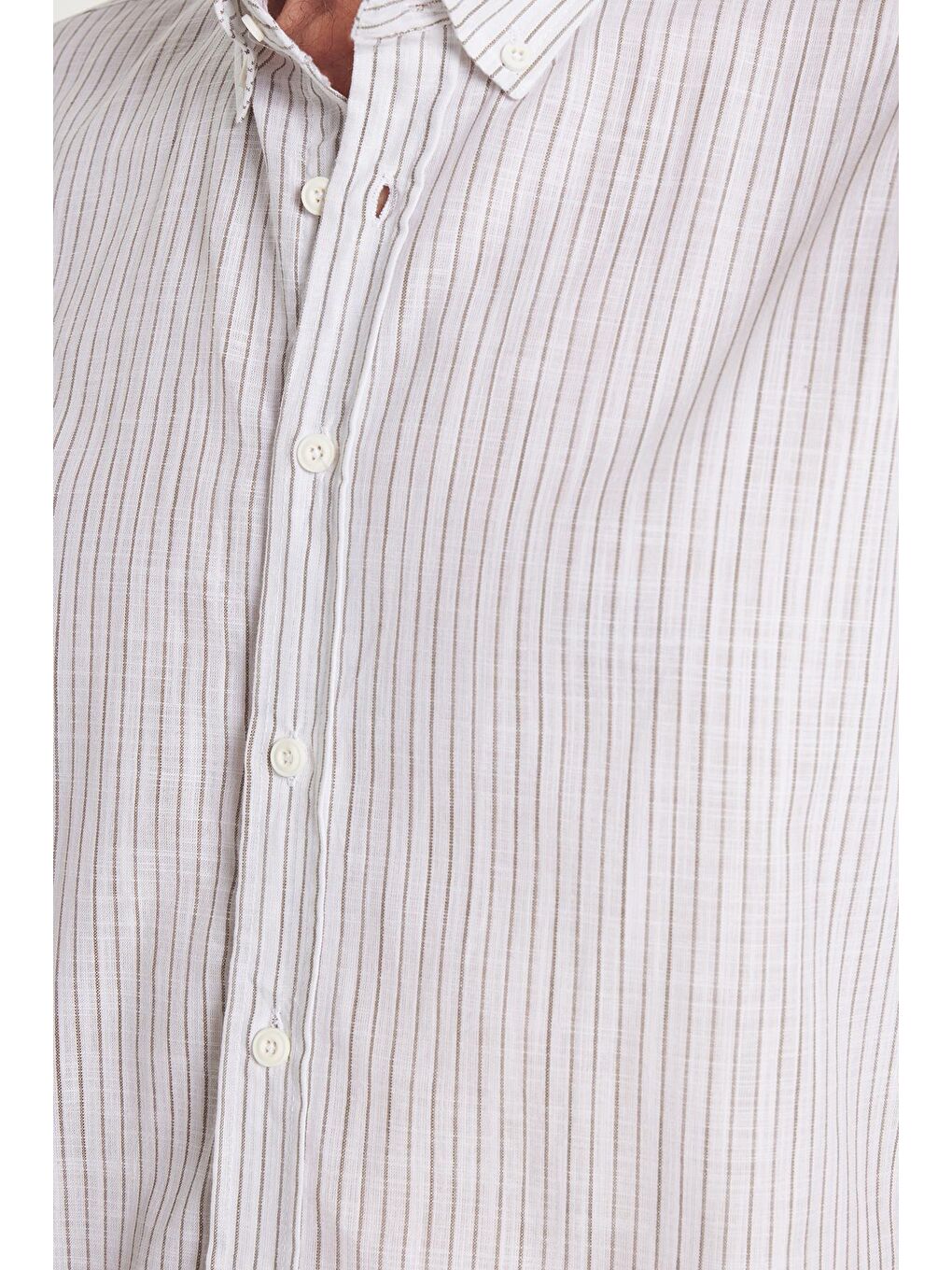 Karışık Erkek Slim Fit Dar Kesim Düğmeli Spor Yaka Keten Efekt %100 Pamuk Haki Çizgili Yazlık Gömlek-2