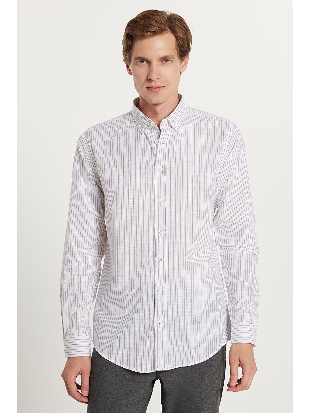 Karışık Erkek Slim Fit Dar Kesim Düğmeli Spor Yaka Keten Efekt %100 Pamuk Haki Çizgili Yazlık Gömlek-3