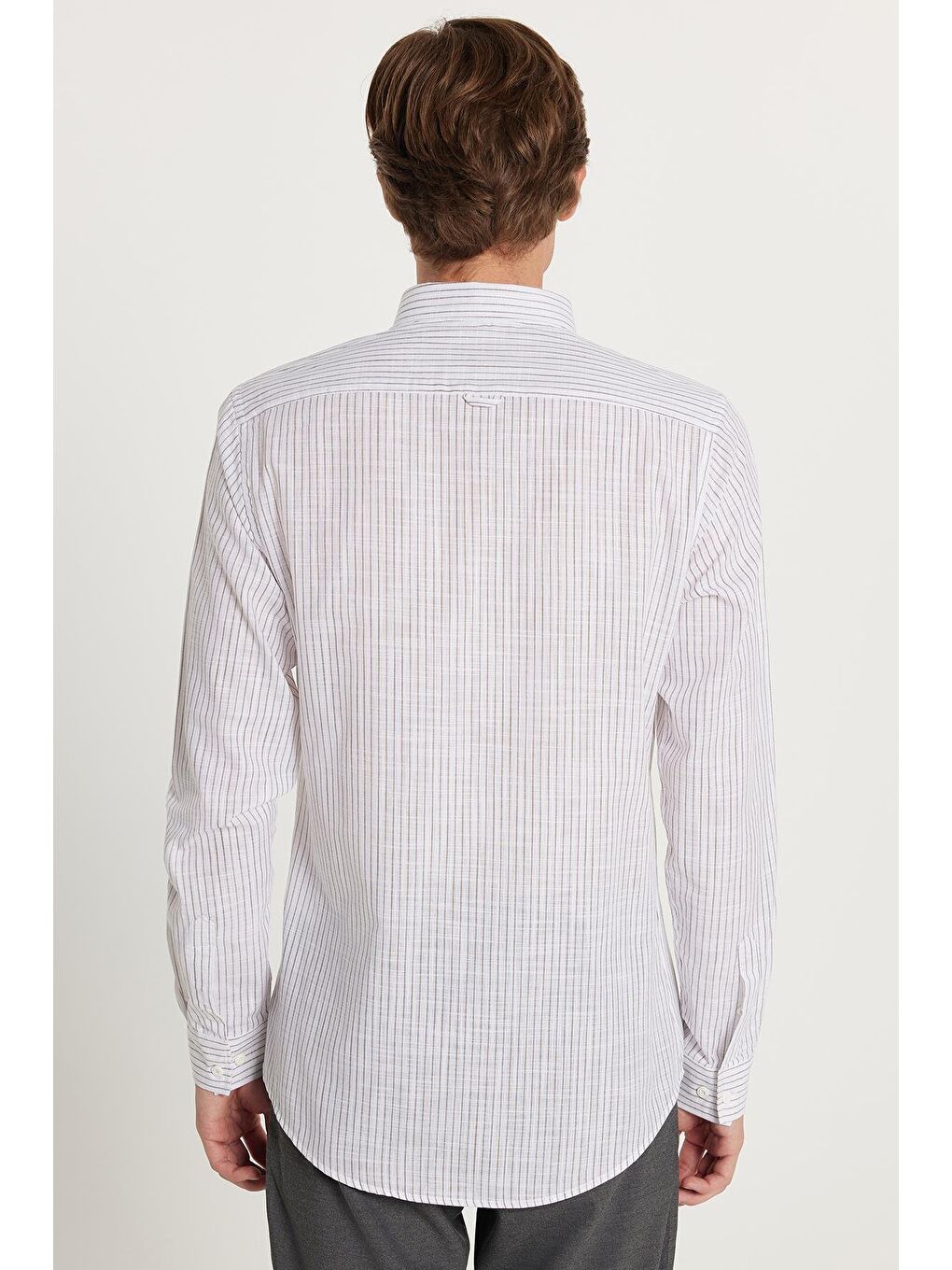 Karışık Erkek Slim Fit Dar Kesim Düğmeli Spor Yaka Keten Efekt %100 Pamuk Haki Çizgili Yazlık Gömlek-4