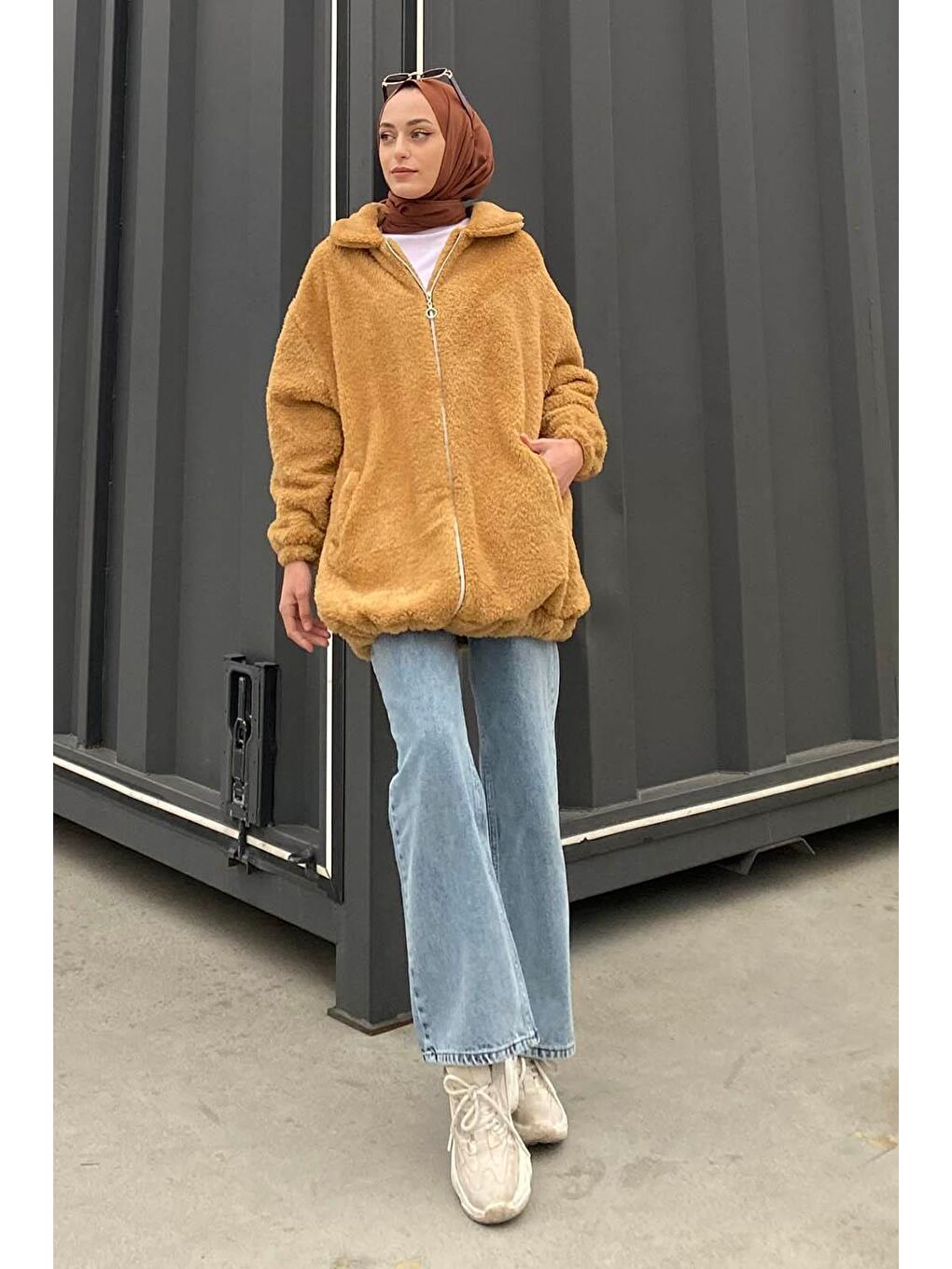 Kahverengi Pelüş Mont Camel