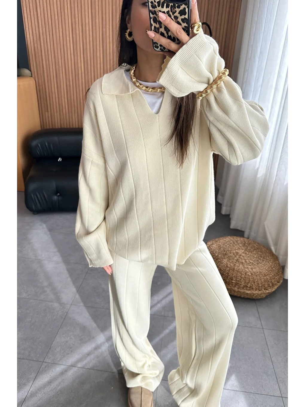 Meecy Siyah Relax Polo Yaka Krem Triko Takım