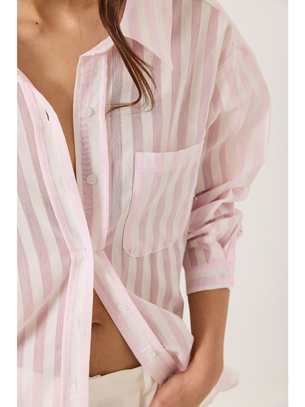 Pembe Kadın Çizgili Tek Cep Detaylı Oversize Gömlek-5