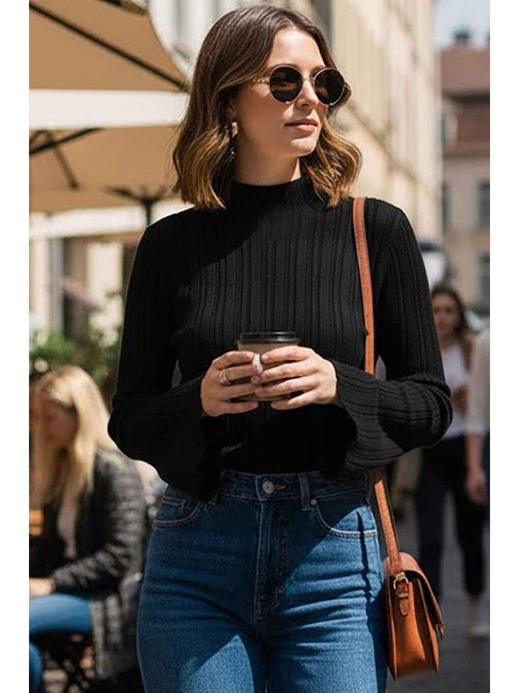 Kadın Siyah İspanyol Kol Yarım Balıkçı Detaylı Triko Kazak