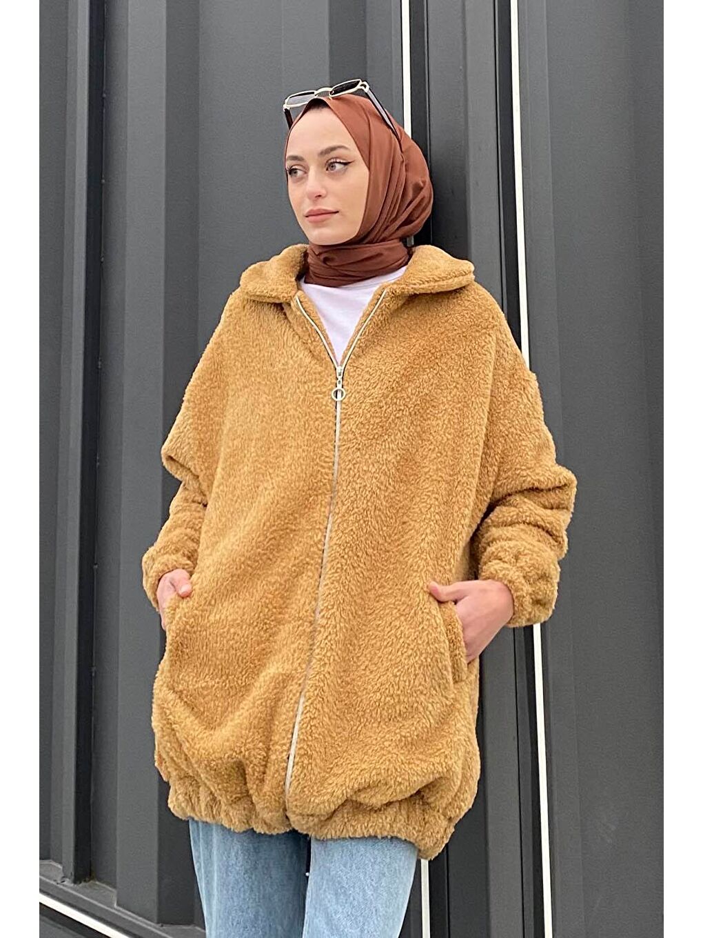 Kahverengi Pelüş Mont Camel-2