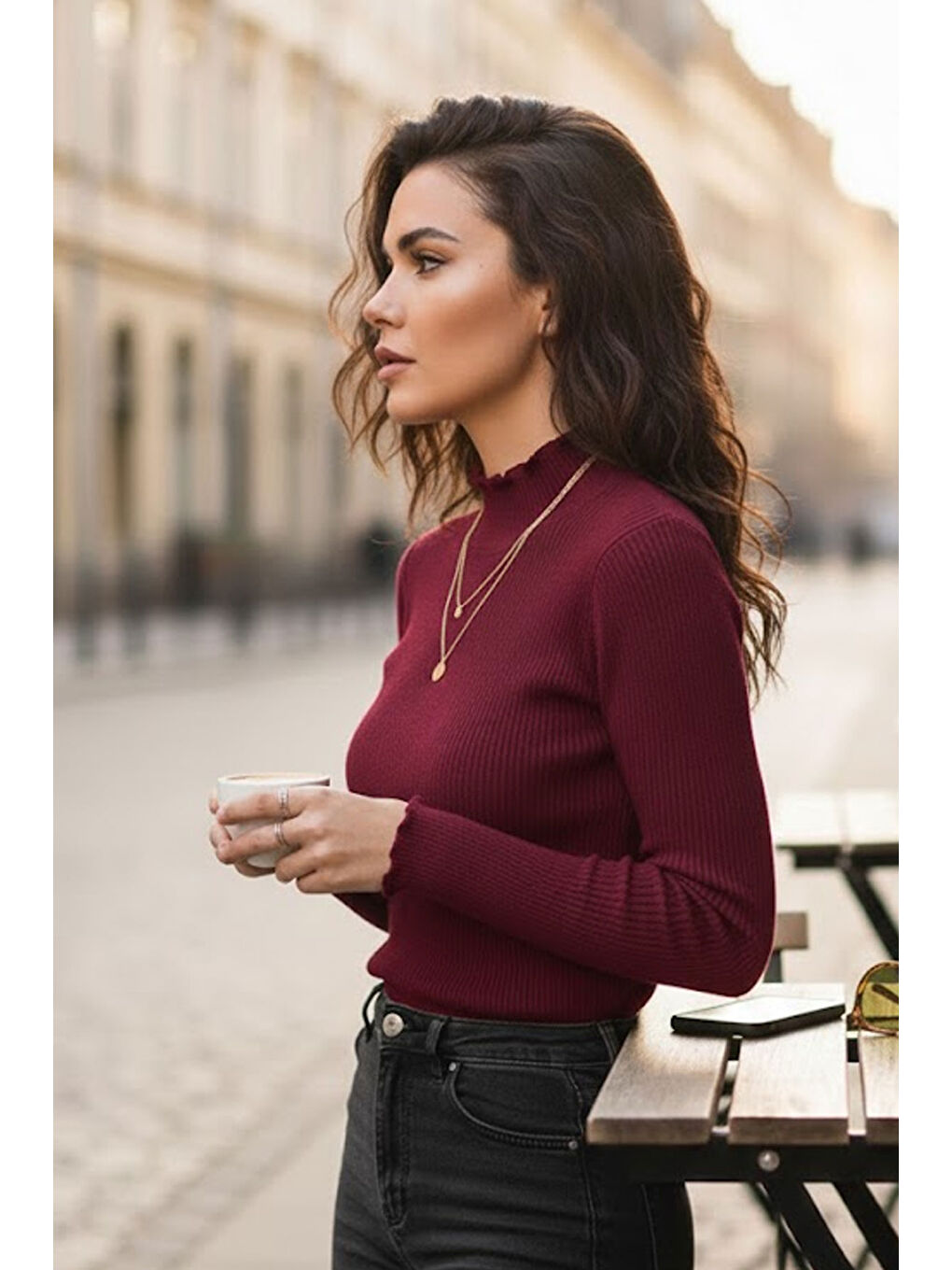 Kadın Açık Bordo Yarım Balıkçı Detaylı Triko Kazak-1