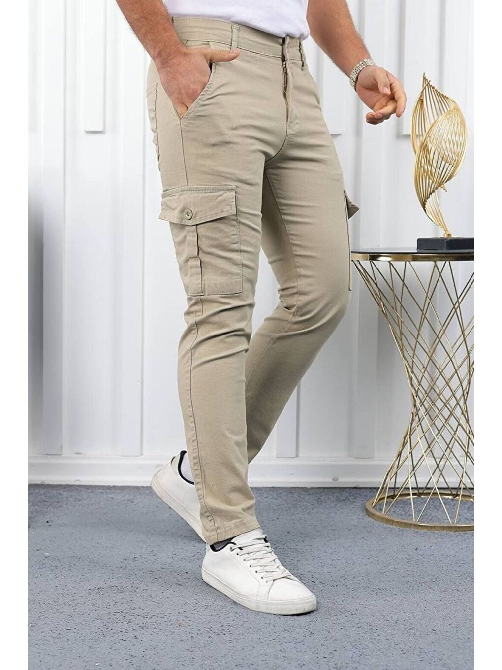 Bej ERKEK KÖRÜKLÜ JOGGER PAÇA LASTİKSİZ PANTOLON