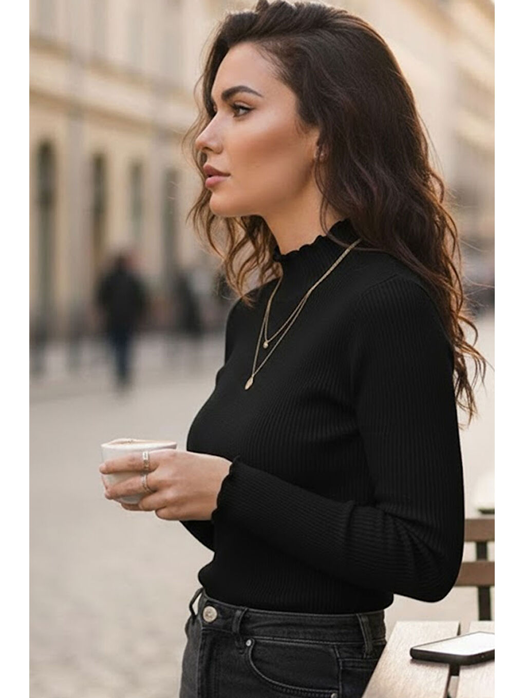 Kadın Siyah Yarım Balıkçı Detaylı Triko Kazak-1