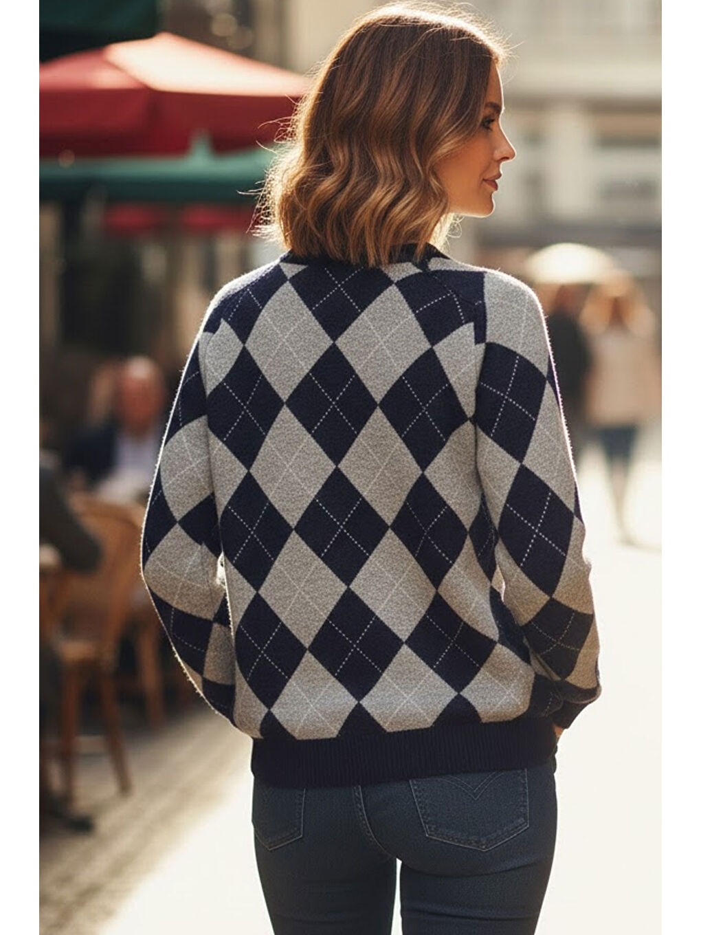 Kadın Lacivert Yumuşak Dokulu Geniş Kalıp Bisiklet Yaka Baklava Triko Kazak-2