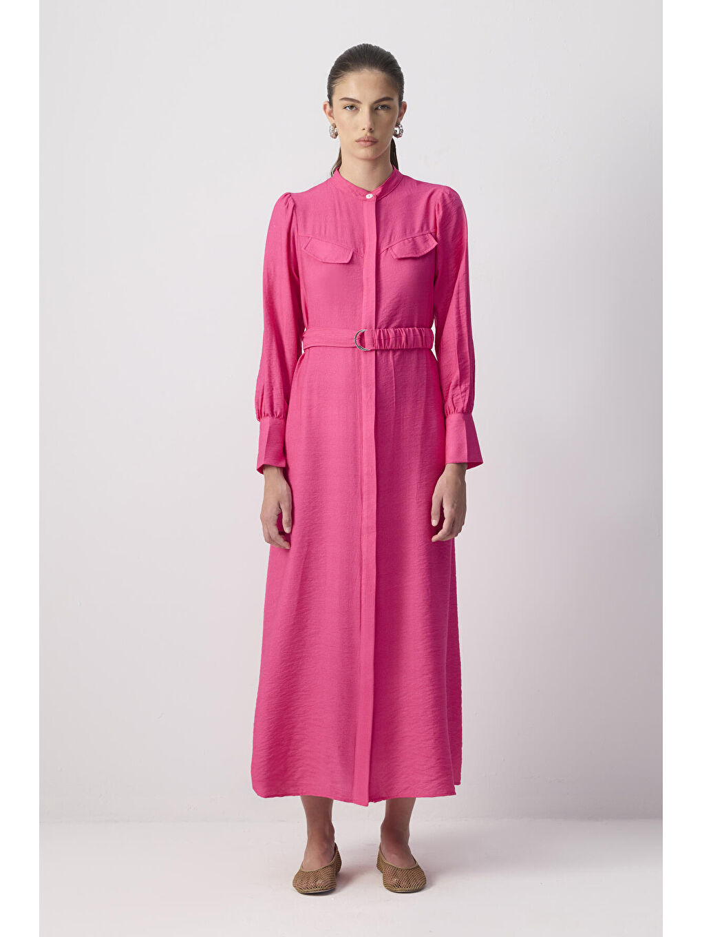Fuşya Kemerli Viskon Elbise