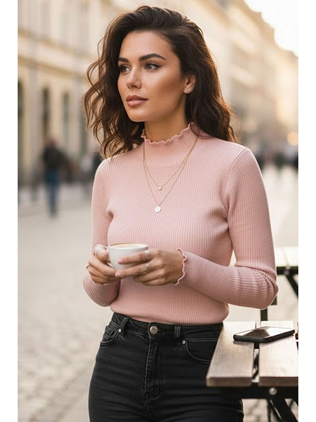 Pembe Kadın Pudra Yarım Balıkçı Detaylı Triko Kazak