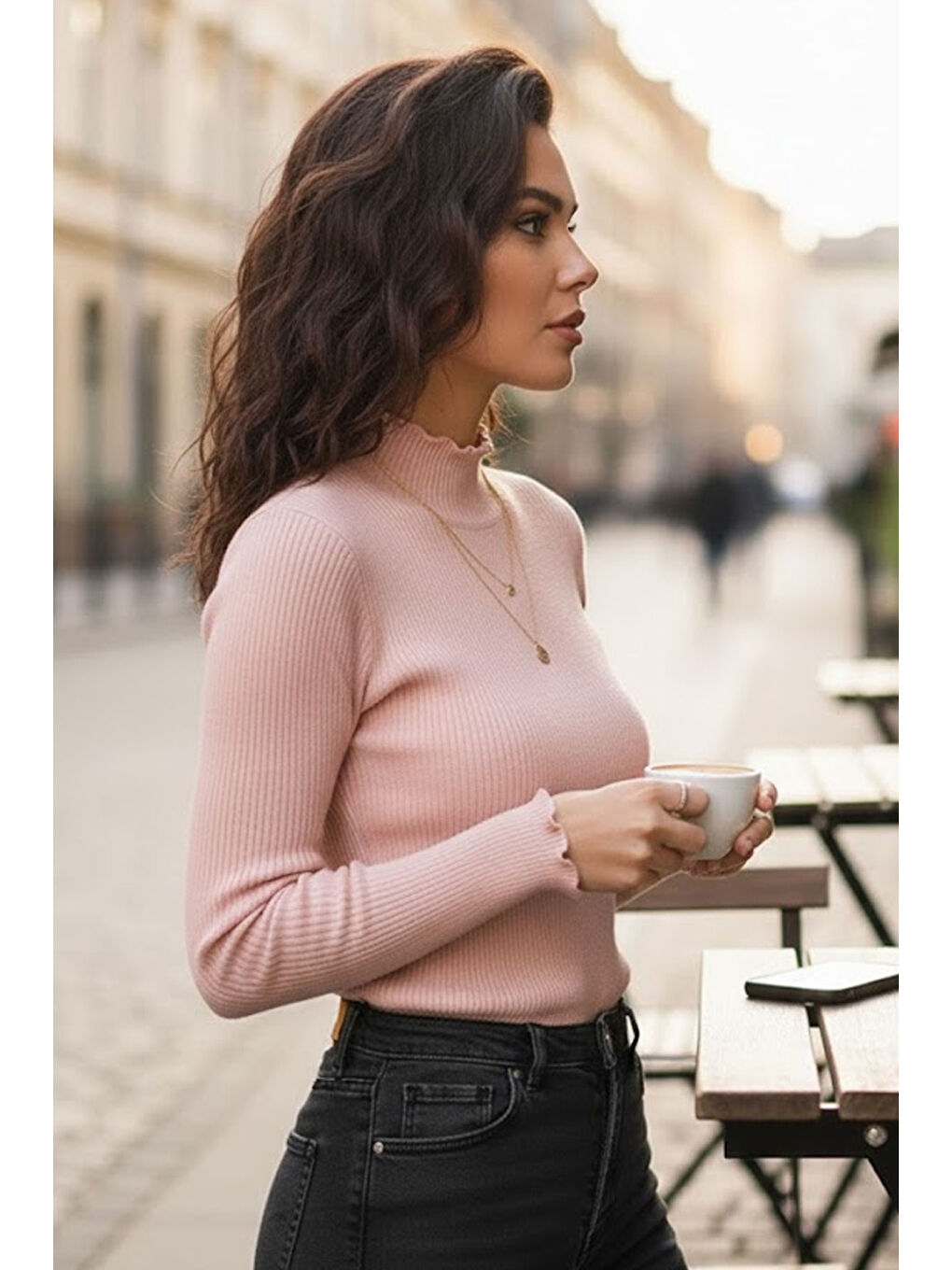 Pembe Kadın Pudra Yarım Balıkçı Detaylı Triko Kazak-1