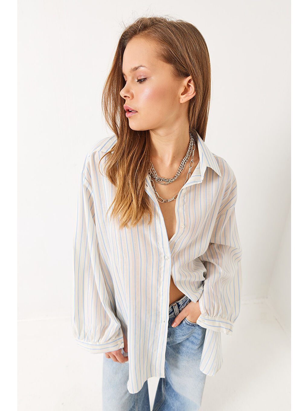 Mavi Kadın Parlak Çizgili Pamuk Oversize Gömlek-2