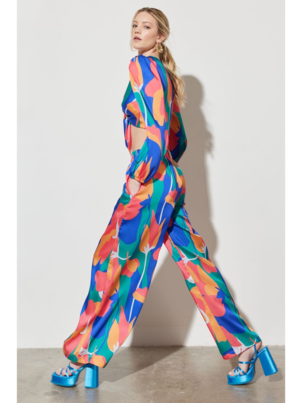 Karışık Flare Regular Fit Yüksel Bel İspanyol Paça Desenli Pantolon-4