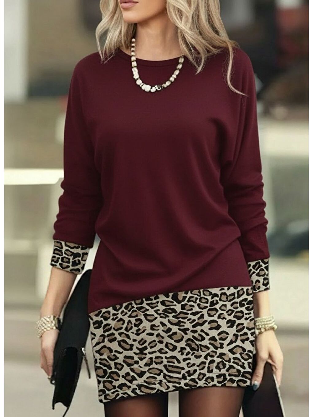 Bordo Kadın Uzun Kollu Bisiklet Yaka üst Viskon Iki Iplik Alt Leopar Desenli Mini Elbise-2
