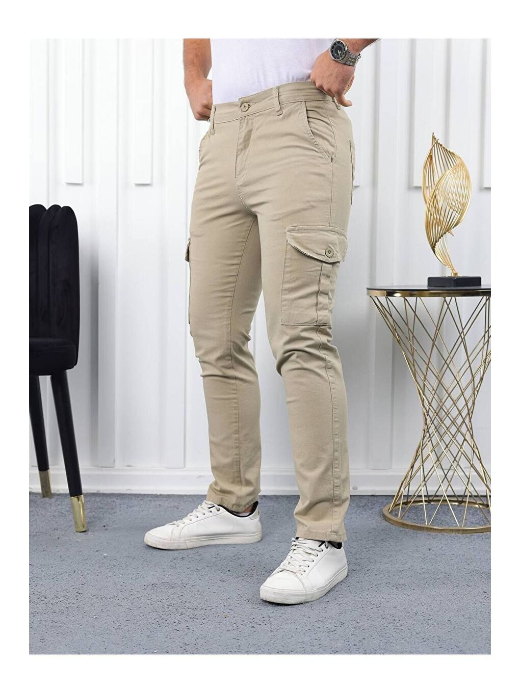 Bej ERKEK KÖRÜKLÜ JOGGER PAÇA LASTİKSİZ PANTOLON-4