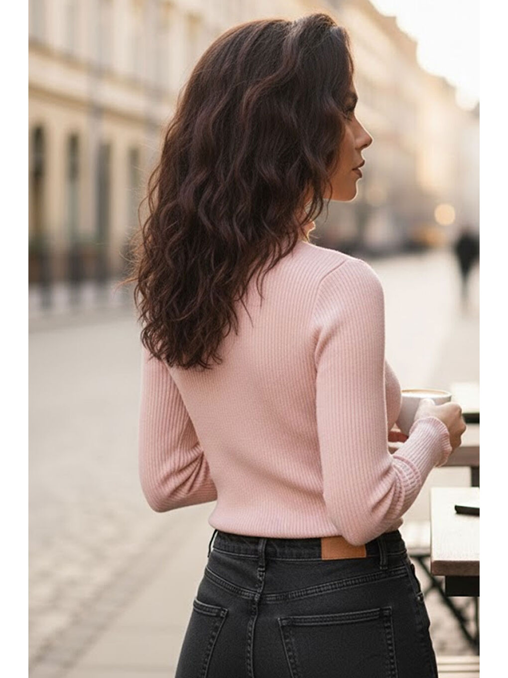 Pembe Kadın Pudra Yarım Balıkçı Detaylı Triko Kazak-2